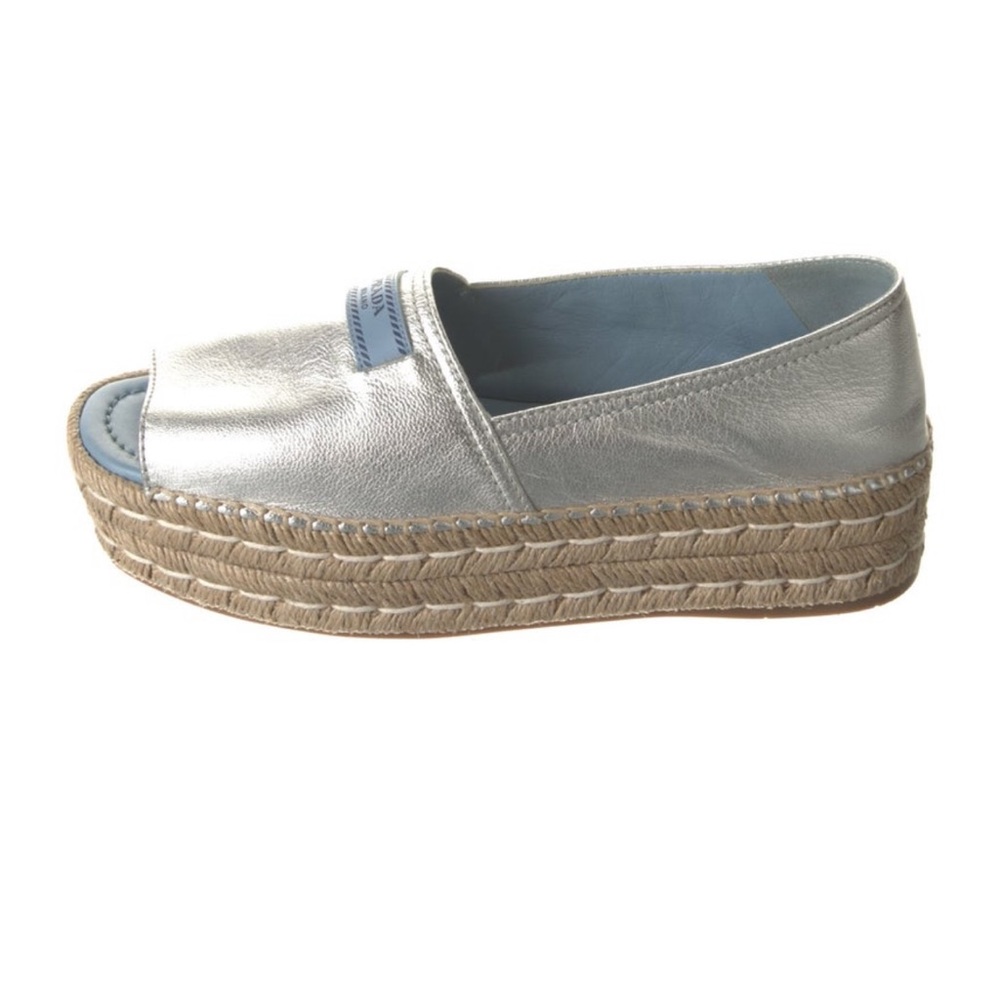 AUTHENTIC PRADA Silver Espadrille Platform Shoes. Size 40